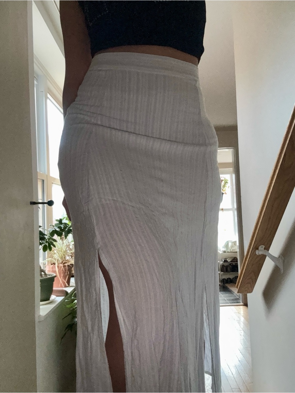 GB girls White Ribbed High-Waist Maxi Skirt with Side Slit